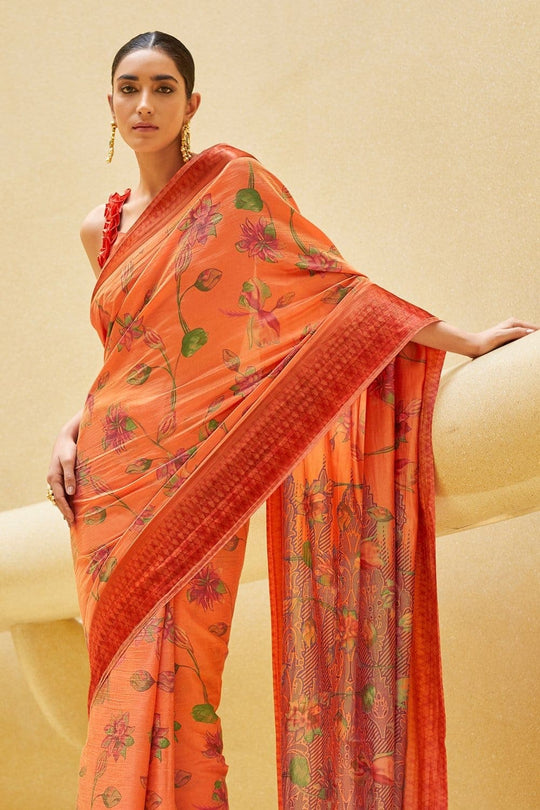 Satin Silk Saree Gorgeous Coral Peach Floral Satin Silk Saree saree online