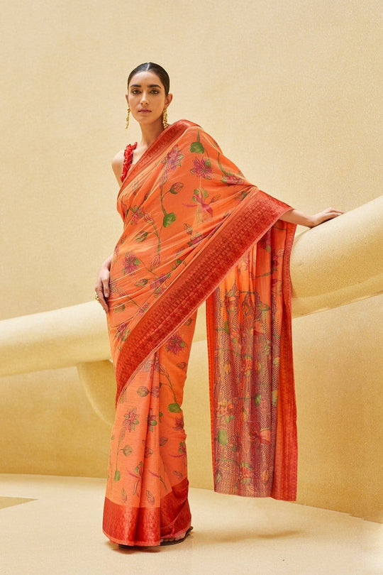 Satin Silk Saree Gorgeous Coral Peach Floral Satin Silk Saree saree online
