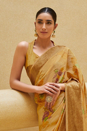Gorgeous Flaxen Yellow Floral Satin Silk Saree