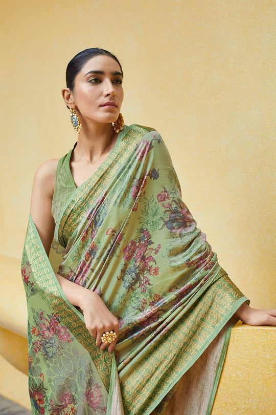 Satin Silk Saree Gorgeous Moss Green Floral Satin Silk Saree saree online