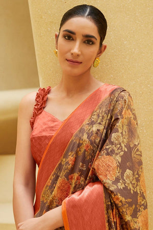 Gorgeous Pastel Brown Floral Satin Silk Saree