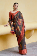 Satin Silk Saree Gorgeous Pastel Brown,Indigo Floral Satin Silk Saree saree online
