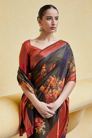 Gorgeous Pastel Brown,Indigo Floral Satin Silk Saree