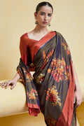 Satin Silk Saree Gorgeous Pastel Brown,Indigo Floral Satin Silk Saree saree online