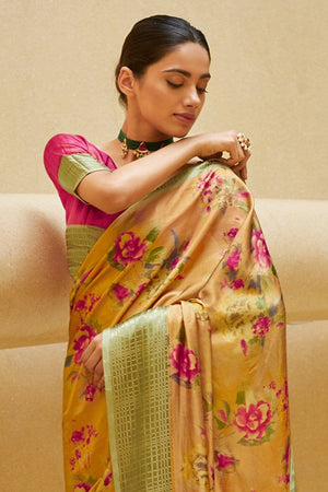 Gorgeous Pastel Gold Yellow Floral Satin Silk Saree