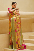 Satin Silk Saree Gorgeous Pastel Gold Yellow Floral Satin Silk Saree saree online
