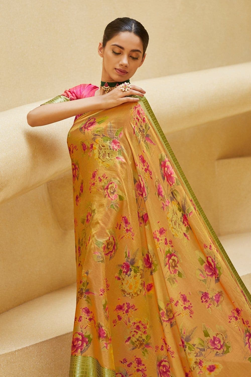 Satin Silk Saree Gorgeous Pastel Gold Yellow Floral Satin Silk Saree saree online