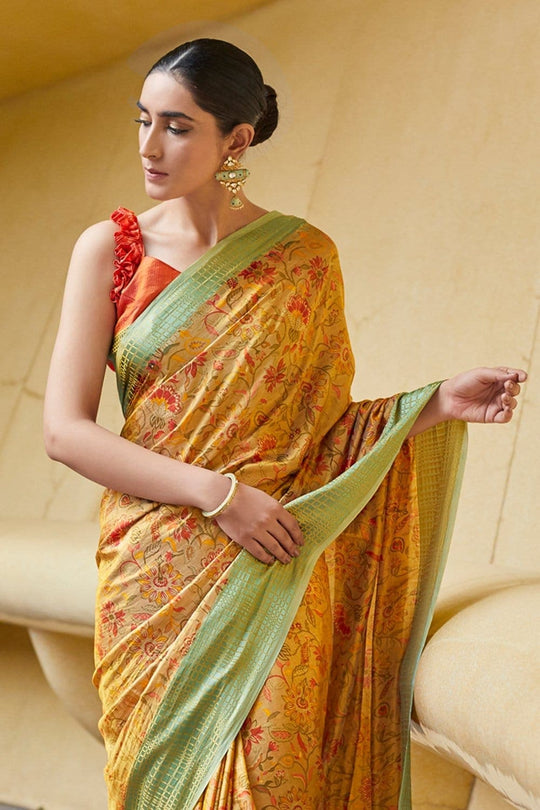 Satin Silk Saree Gorgeous Pastel Yellow Floral Satin Silk Saree saree online