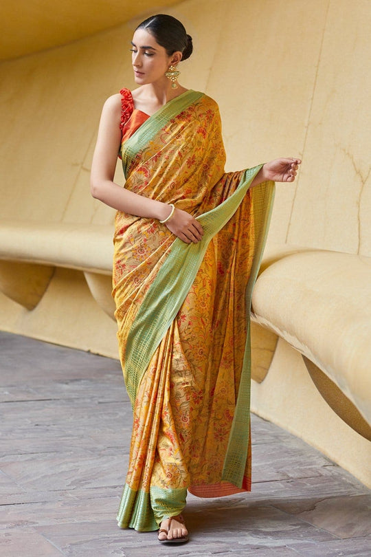 Satin Silk Saree Gorgeous Pastel Yellow Floral Satin Silk Saree saree online