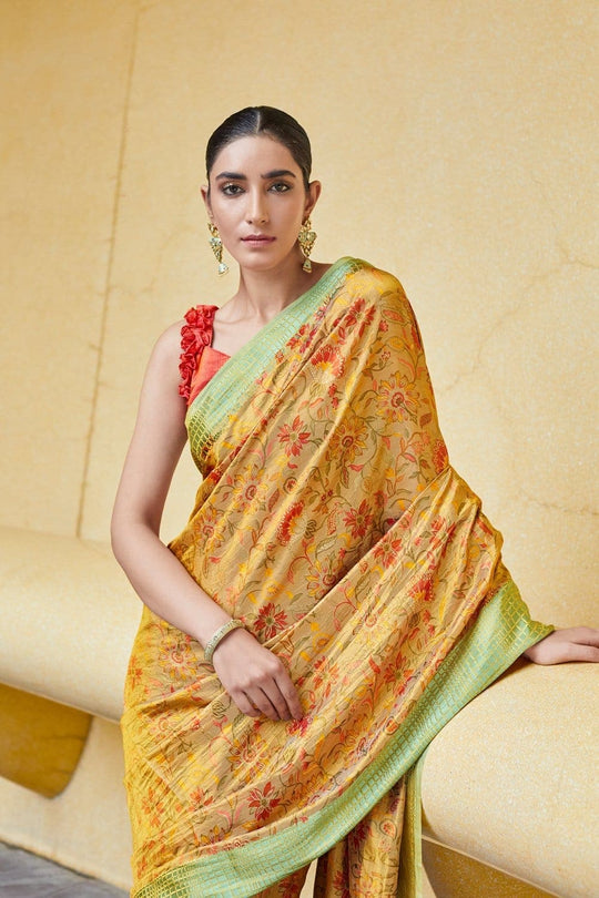 Satin Silk Saree Gorgeous Pastel Yellow Floral Satin Silk Saree saree online