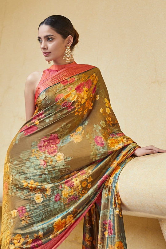 Satin Silk Saree Gorgeous Peanut Brown Floral Satin Silk Saree saree online