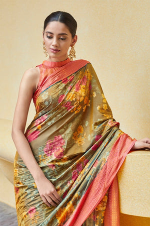 Gorgeous Peanut Brown Floral Satin Silk Saree