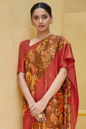 Gorgeous Russet Brown Floral Satin Silk Saree