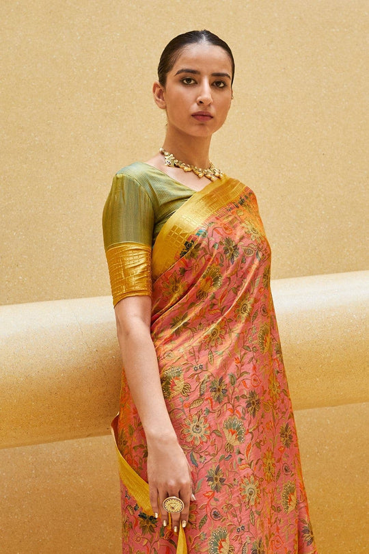 Satin Silk Saree Gorgeous Salmon Peach Floral Satin Silk Saree saree online