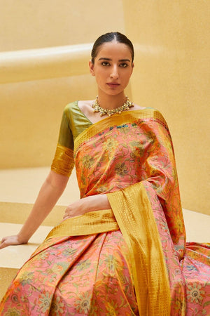 Gorgeous Salmon Peach Floral Satin Silk Saree