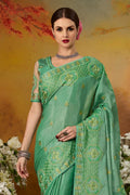 Satin Silk Saree Green Embroidered Moti Work Satin Silk Saree saree online