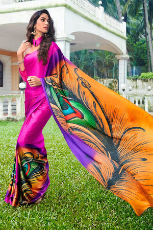 Hot Pink Satin Silk Saree