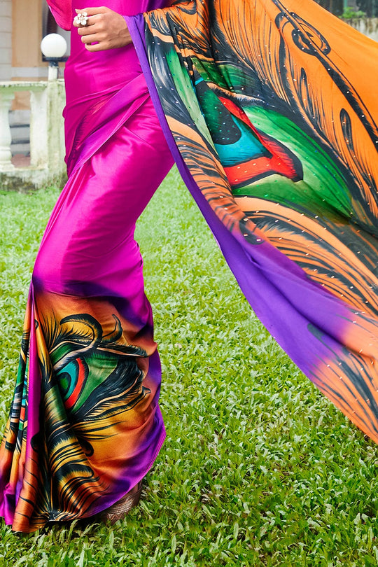 pink satin silk saree