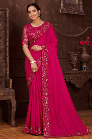 Hot Pink Satin Silk Saree