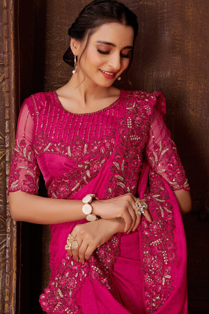 pink satin silk saree