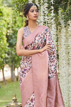 Ivory Pink Designer Satin Silk Saree