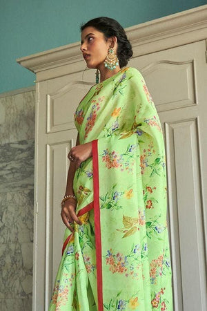 Lemon Green Satin Silk Saree