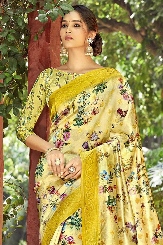Satin Silk Saree Lemon Yellow Satin Silk Saree saree online