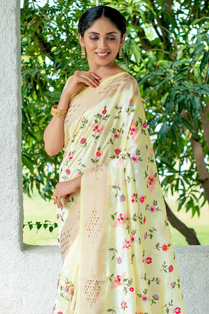 Lemon Yellow Satin Silk Saree