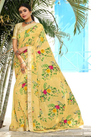 Lemon Yellow Satin Silk Saree
