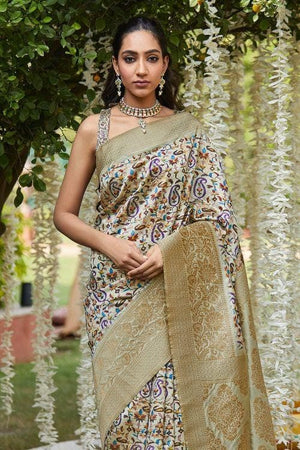 Linen Blend Cream Designer Satin Silk Saree