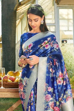 Moroccan Blue Designer Satin Silk Saree