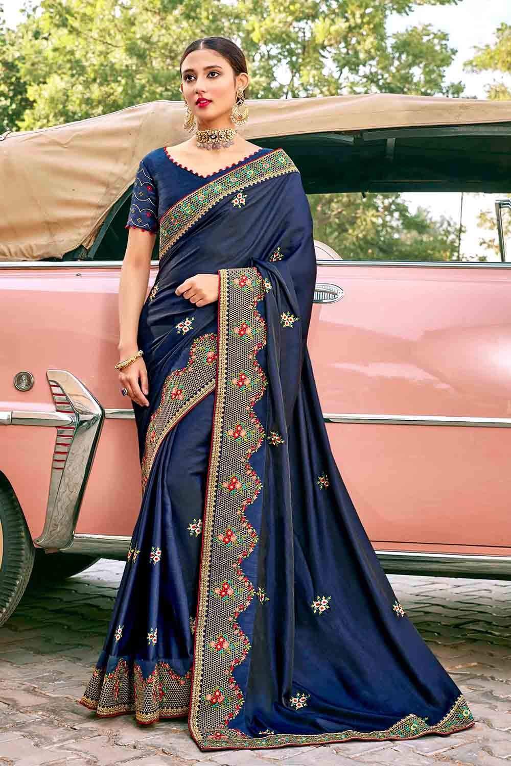 Satin Silk Saree Navy Blue Embroidered Satin Silk Saree saree online