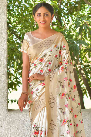 Off White Satin Silk Saree