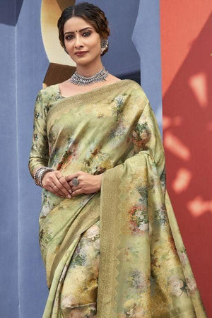 Olive Green Satin Silk Saree