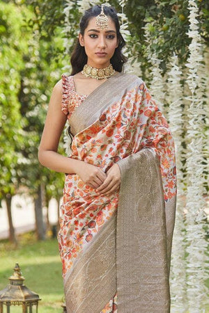 Orange Cream Designer Satin Silk Saree