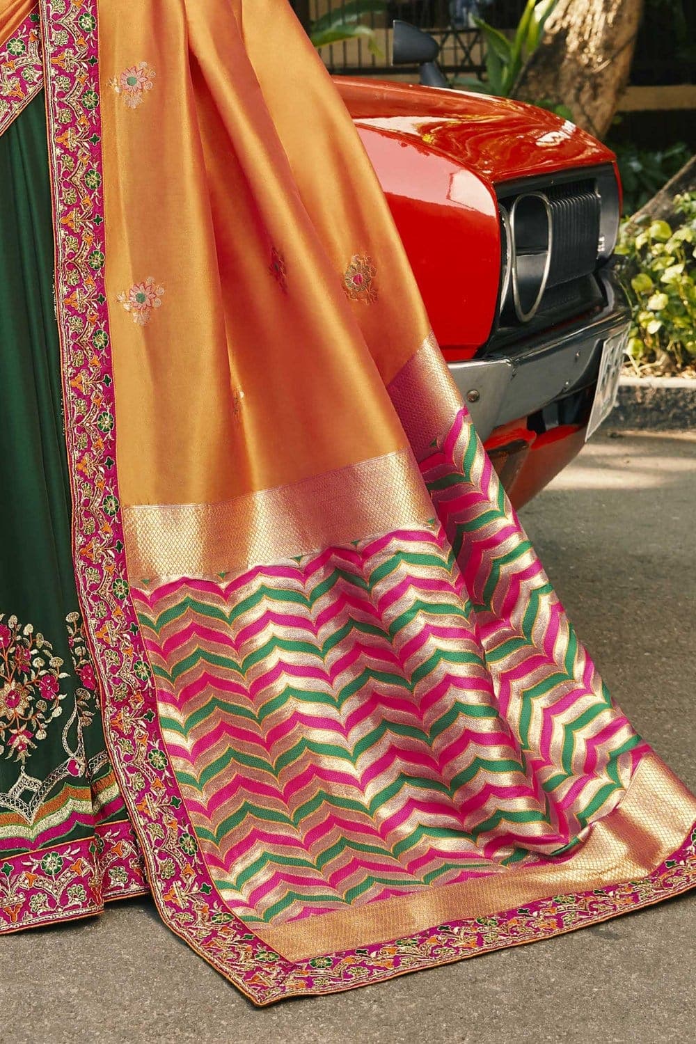 Satin Silk Saree Orange Green Multi Colour And Satin Silk Saree saree online