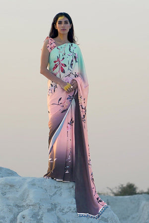 Pastel Blue And Pink Satin Print Saree