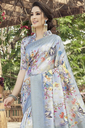 Pigeon Blue Satin Silk Saree