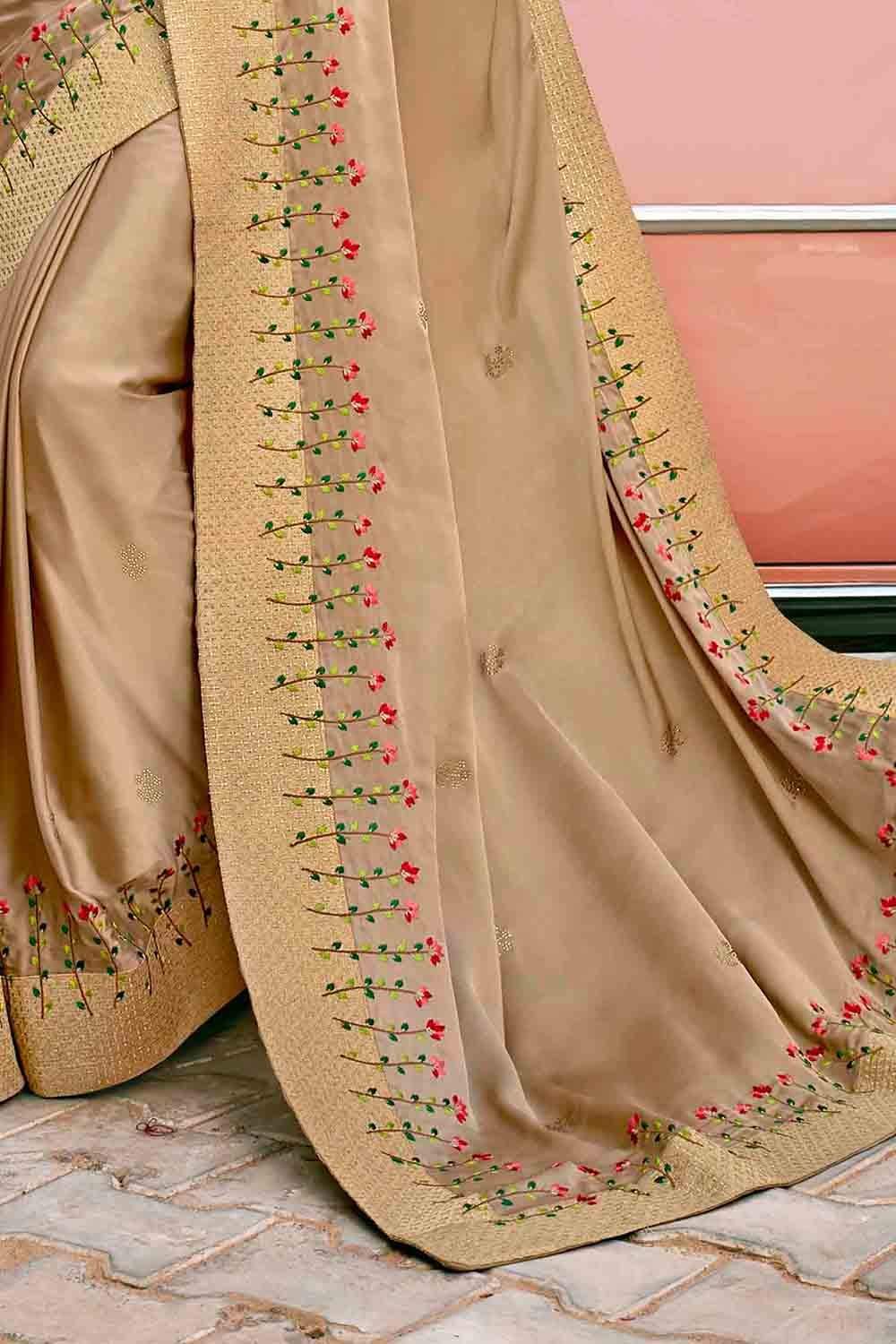 Satin Silk Saree Rose Beige Embroidered Satin Silk Saree saree online