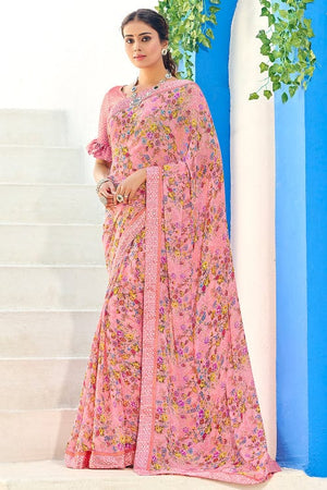 pink saree, pink satin silk saree