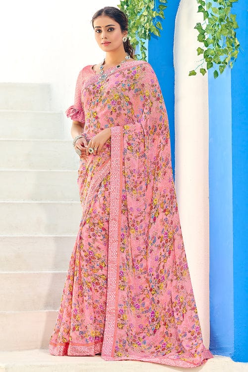 pink saree, pink satin silk saree