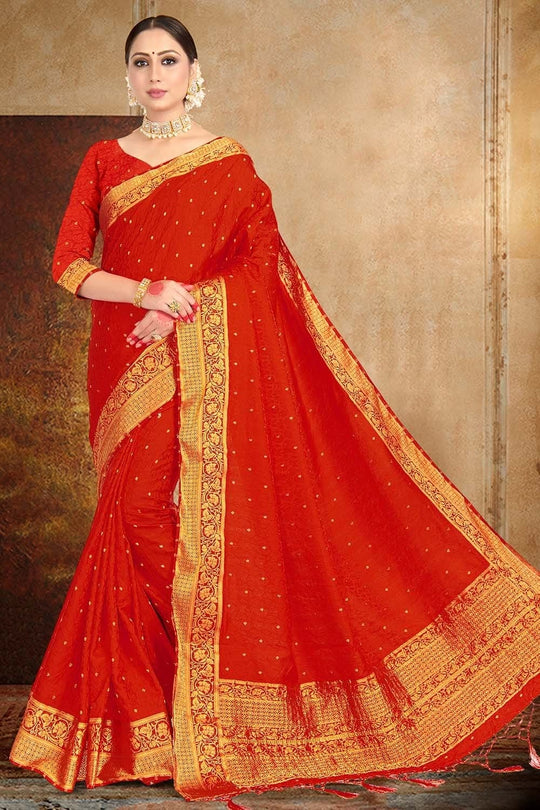 Scarlet Red Satin Silk Saree