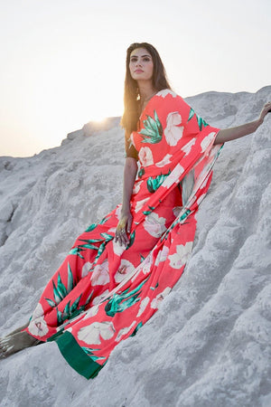 Strawberry Pink Satin Print Saree
