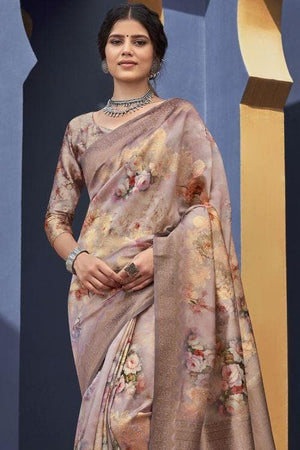 Tan Beige Satin Silk Saree