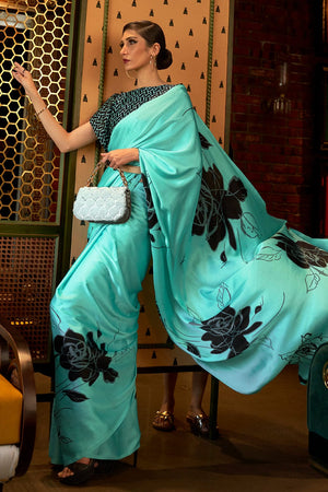 Turquoise Blue Satin Silk Saree