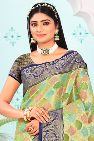 Green And Blue Organza Saree