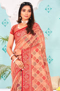 Peach And Red Organza Saree