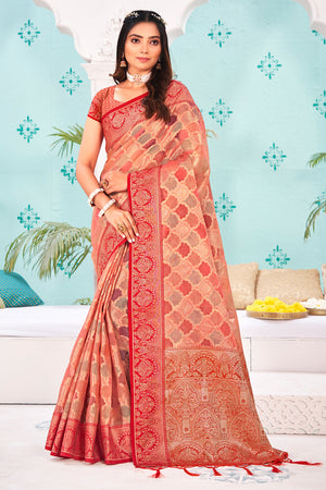 Peach And Red Organza Saree