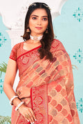 Peach And Red Organza Saree