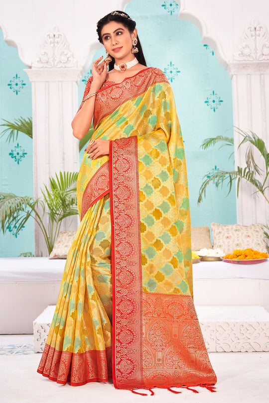 Green And Red Organza Saree